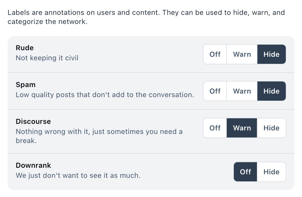 Configurable options per label from an example moderation service.